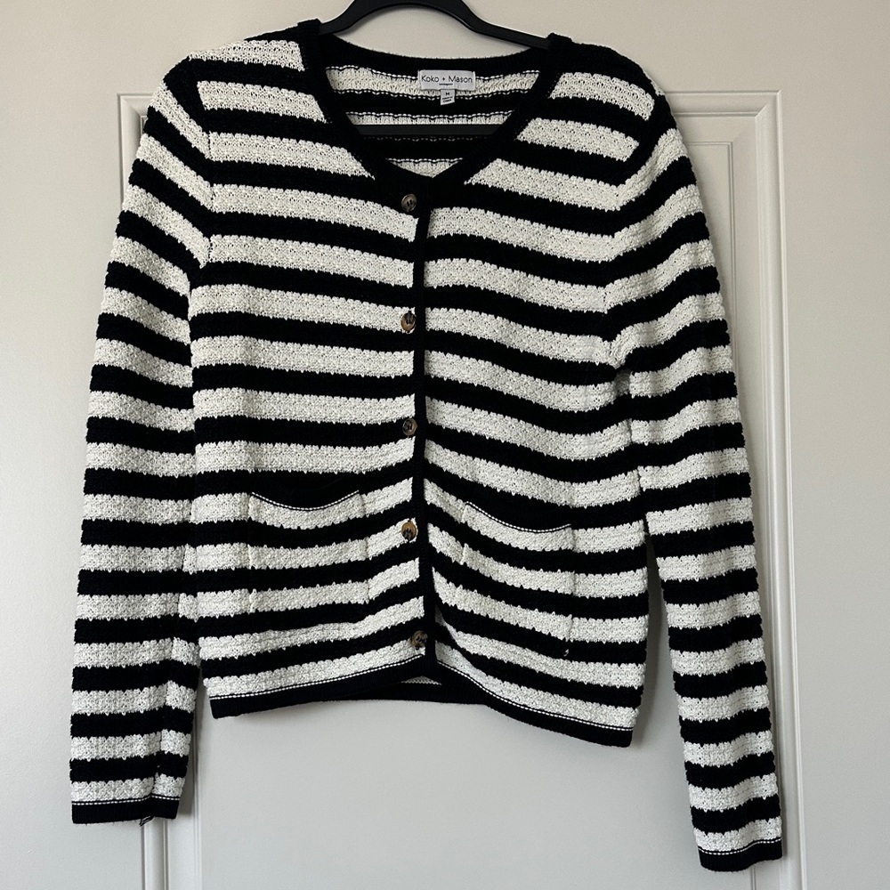 CAbi Black and White Striped Button-Front Cardigan
